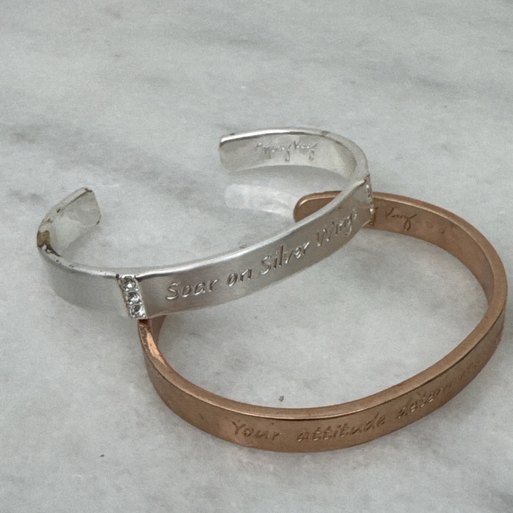 Two Mary Kay Inspirational Cuff Bracelets Silver Rose Gold Color